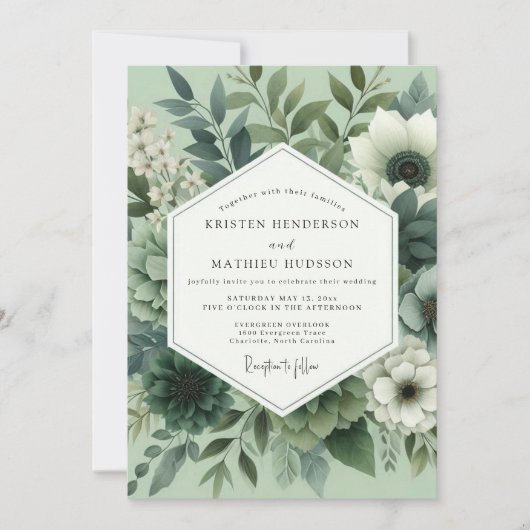 Salbeigrüne Blumige Hochzeit Einladung (Vorderseite)