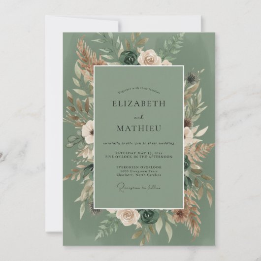 Salbeigrüne Boho-Blütenhochzeit Einladung (Vorderseite)