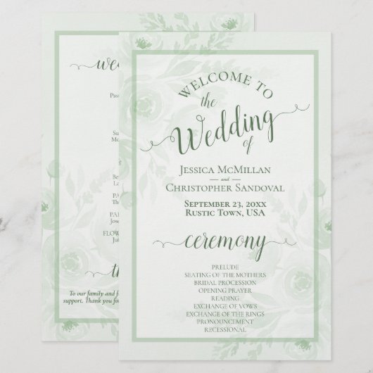 Salbeigrüne Boho-Pfingstrosen Hochzeitsprogramm zu (Vorne/Hinten)