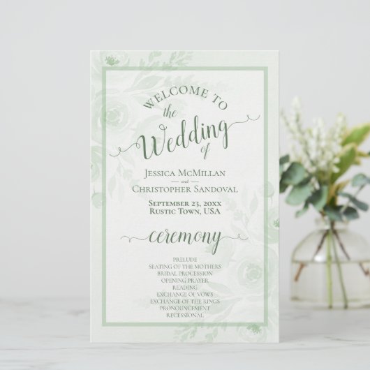 Salbeigrüne Boho-Pfingstrosen Hochzeitsprogramm zu (Stehend Vorderseite)