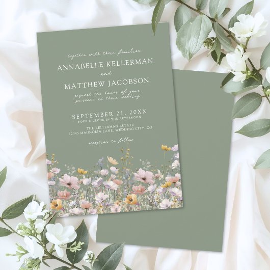 Salbeigrüne Boho-Wildblumen-Hochzeit Einladung