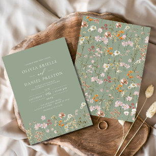 Salbeigrüne Boho-Wildblumengarten-Hochzeit Einladung