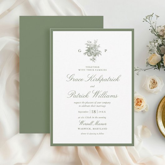 Salbeigrüne Border-Klassiker-Monogramm-Hochzeit Einladung
