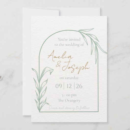 Salbeigrüne botanische Bogen-Hochzeitseinladung Einladung (Vorderseite)