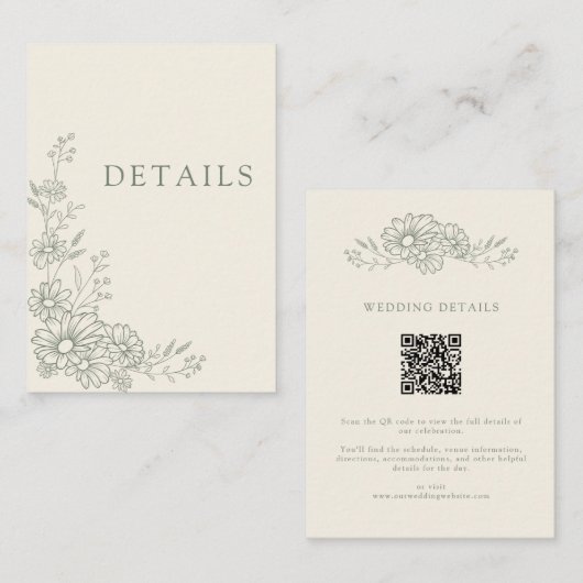 Salbeigrüne Botanische Gänseblümchen-QR-Code-Hochz Begleitkarte (Vorne/Hinten)