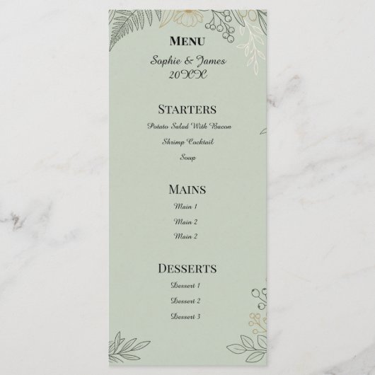 Salbeigrüne botanische Hochzeit Menükarte (Vorderseite)