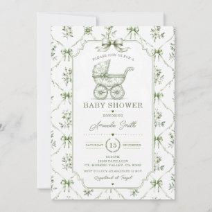 Salbeigrüne Chinoiserie-Baby-Shower-Kinderwagen-Bl Einladung