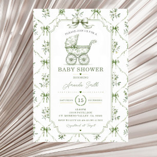 Salbeigrüne Chinoiserie-Baby-Shower-Kinderwagen-Bl Einladung