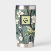 Salbeigrüne Chinoiserie Blumen Weiße Initiale Thermobecher (Vorderseite)