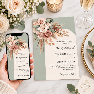Salbeigrüne Creme-Rosen Pampasgras-Bogen-Hochzeit Einladung