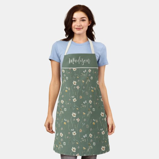 Salbeigrüne Creme-Wasserfarbe-Wildblume Benutzerde Schürze (Getragen)