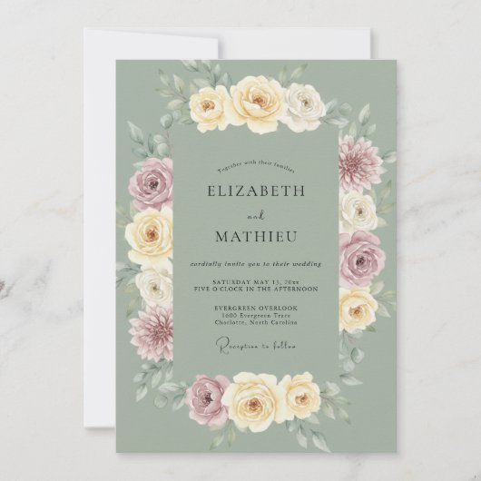 Salbeigrüne Dahlie Hochzeit Einladung (Vorderseite)