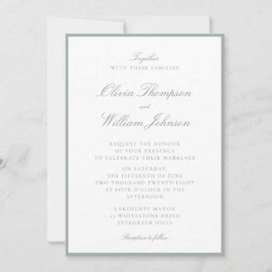 Salbeigrüne eingerahmte Hochzeitseinladung Einladung (Vorderseite)