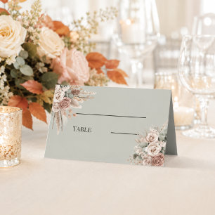 Salbeigrüne Elfenbein-Taupe-Pampas-Blumen Boho Platzkarte