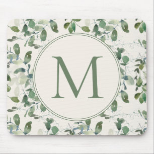 Salbeigrüne Eukalyptusblätter Cream Monogramm Mousepad