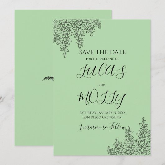 Salbeigrüne Farnblatt-Hochzeit Save The Date (Vorne/Hinten)