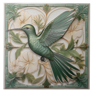 Salbeigrüne Faux-Relief-Art-Nouveau-Kolibri-Dekora Fliese
