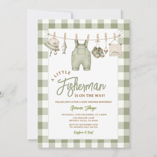Salbeigrüne Fischerei-Gingham-Baby-Party Einladung (Vorderseite)