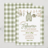 Salbeigrüne Fischerei-Gingham-Baby-Party Einladung (Vorne/Hinten)