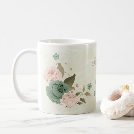 Salbeigrüne Floral-Blush  Kaffeetasse (Mit Donut)