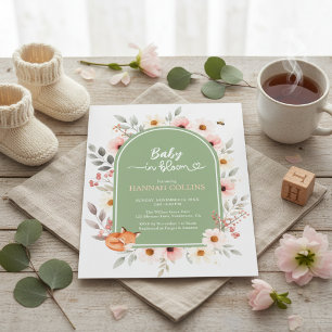 Salbeigrüne florale Babyparty-Einladung mit Fuchs Einladung