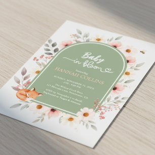 Salbeigrüne florale Babyparty-Einladung mit Fuchs Einladung