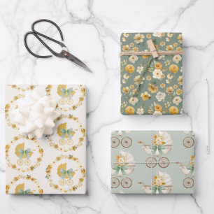 Salbeigrüne florale Babyshower-Einladung für Mädch Geschenkpapier Set