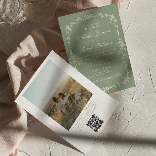 Salbeigrüne Florale Boho-Chic-Foto-QR-Code-Hochzei Einladung