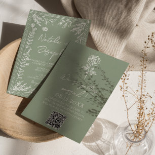Salbeigrüne Florale Botanische Boho QR-Code-Hochze Einladung