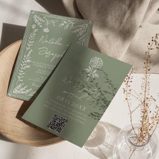 Salbeigrüne Florale Botanische Boho QR-Code-Hochze Einladung