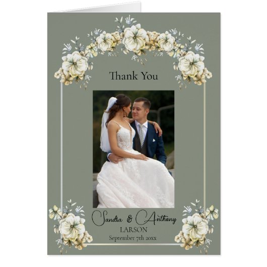 Salbeigrüne florale Foto-Hochzeit Danke (Vorne)