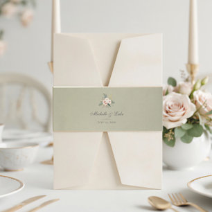 Salbeigrüne Florale Gold Samt Hochzeitseinladung Einladungsbanderole