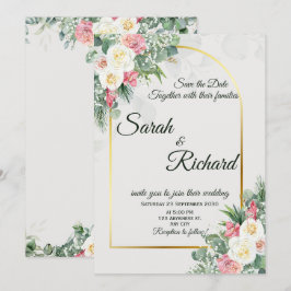 Salbeigrüne Florale Goldene Bogen-Hochzeitseinladu Einladung