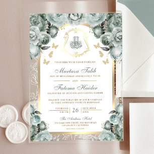 Salbeigrüne Florale Goldene Muslimische Hochzeitsd Acryleinladungen