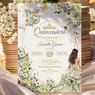 Salbeigrüne Florale Goldene Schmetterlinge Quincea Einladung
