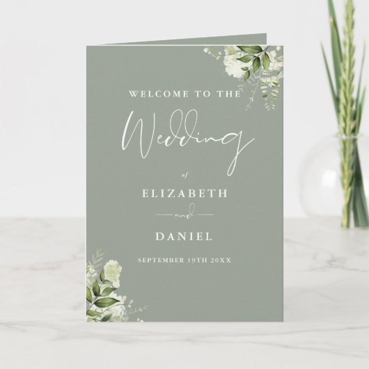 Salbeigrüne Florale Grüne Hochzeit Programm (Vorderseite)