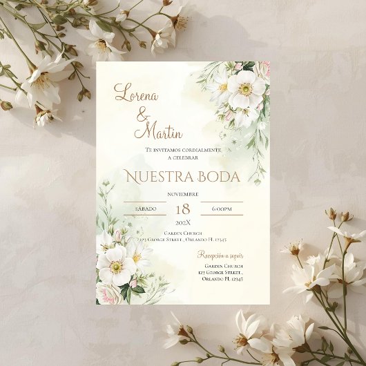 Salbeigrüne Florale Hochzeitseinladung auf Spanisc Einladung