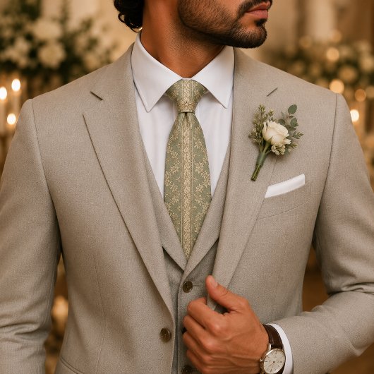 Salbeigrüne Florale Jacquard-Hochzeit Krawatte