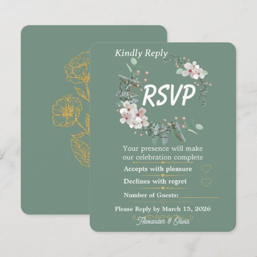 Salbeigrüne Florale RSVP-Karte Editierbar (Vorne/Hinten)