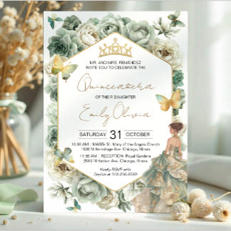 Salbeigrüne florale Schmetterlings-Tiara Quinceañe Einladung