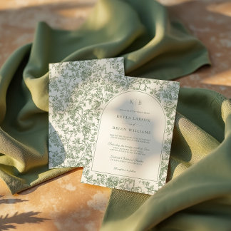 Salbeigrüne florale Toile-Monogramm-Hochzeitsbogen Einladung