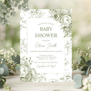 Salbeigrüne florale Vintage-Chinoiserie-Baby-Party Einladung