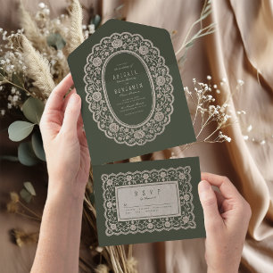 Salbeigrüne florale Vintage-Spitze klassische Hoch All In One Einladung