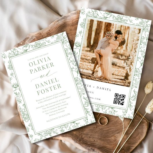 Salbeigrüne französische Blumen-Foto-QR-Code Einladung