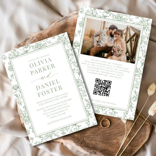 Salbeigrüne französische Floral-QR-Code-Toile Einladung