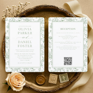Salbeigrüne französische QR-Code-Blumenhochzeit Einladung