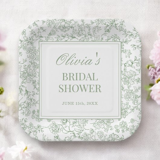 Salbeigrüne französische vintage Blumen-Brautparty Pappteller