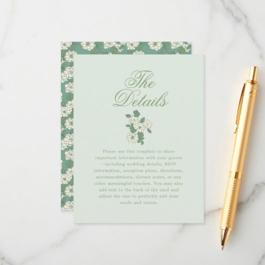 Salbeigrüne Gartenchinoiserie-Hochzeitsdetails Begleitkarte (Vorderseite/Rückseite Beispiel)