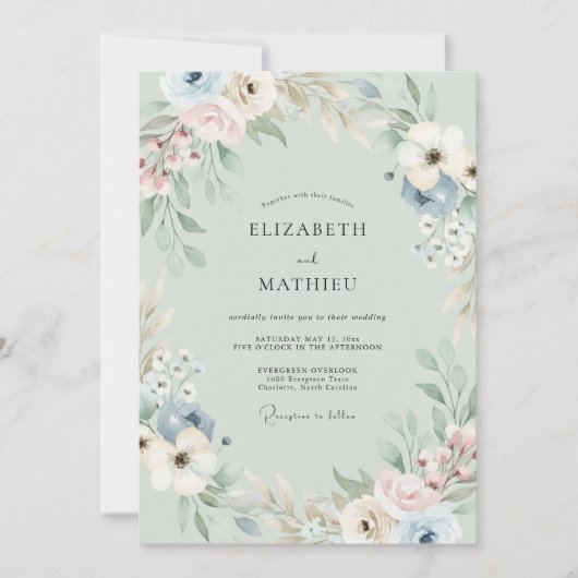 Salbeigrüne gedämpfte Anemone Hochzeit Einladung (Vorderseite)