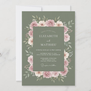 Salbeigrüne Gedämpfte Rosenhochzeit Einladung